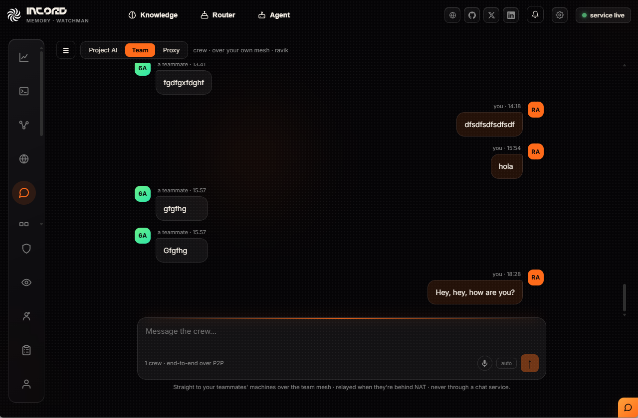 The Team tab, a crew conversation carried end-to-end over the team mesh