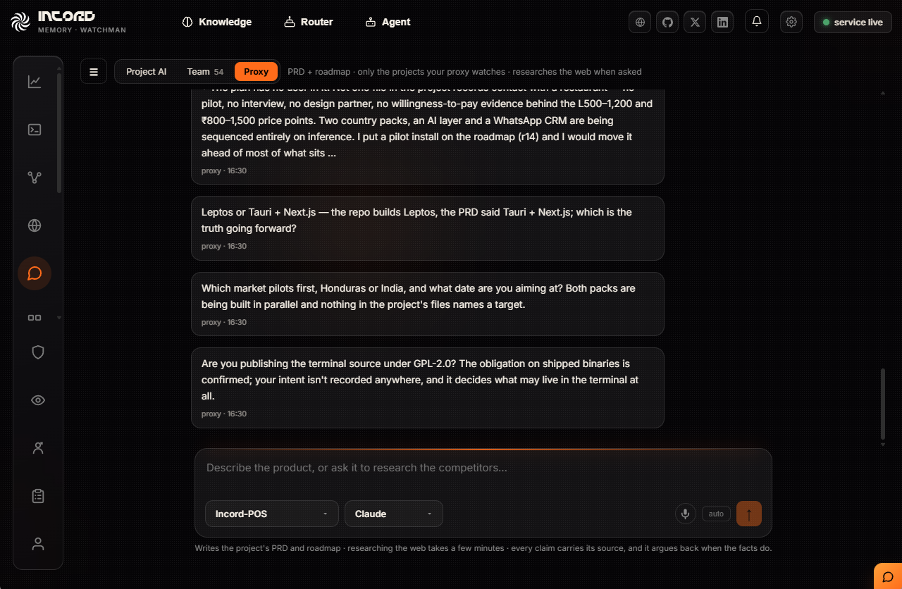 The Proxy tab drafting a product document, listing the questions it could not answer from the code and is asking the owner instead