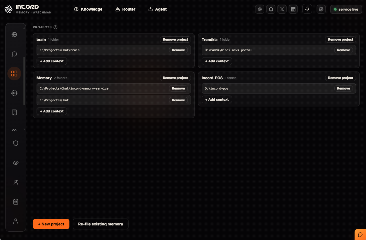 The Projects page, with named projects each listing their assigned folders