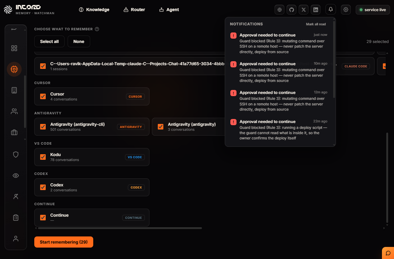 The notifications panel listing approvals an agent is waiting on, each naming the rule that blocked it