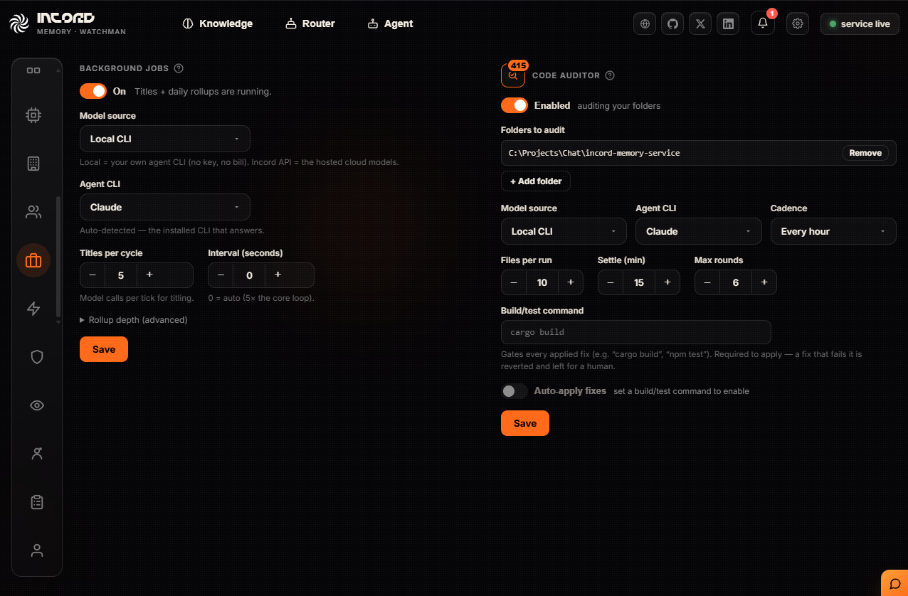 Background jobs and the code auditor side by side: model source, which CLI answers, cadence, files per run, and the build command that gates every applied fix