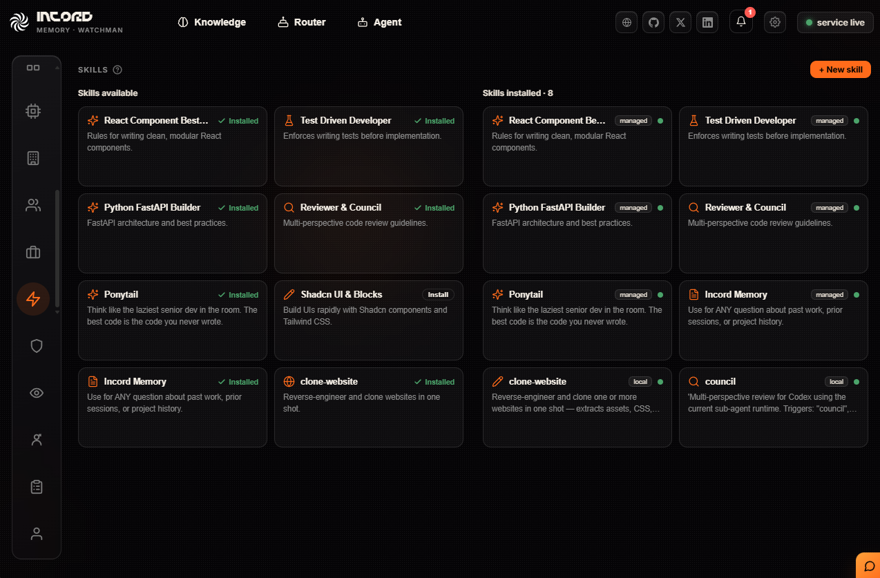 The Skills page, showing skills available to install alongside the ones already installed